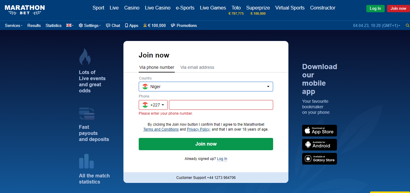 Registration on MarathonBet website