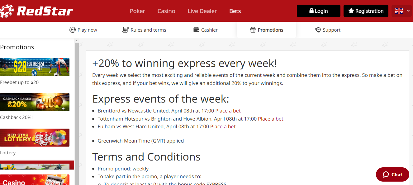 Express with cashback in the Redstarbets bookmaker