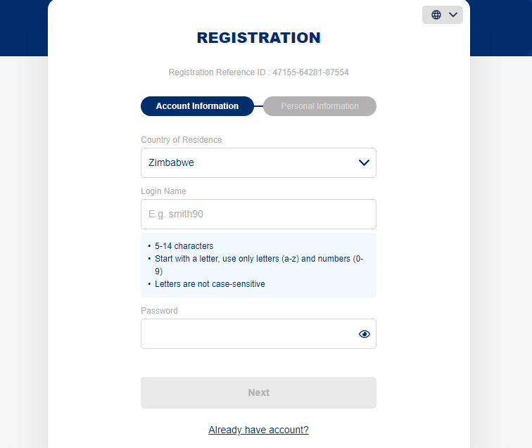 Window for entering data when registering on the Sbobet BC website