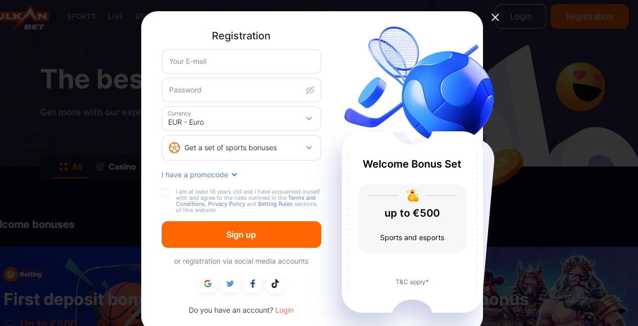 Registration on the official Vulkanbet website