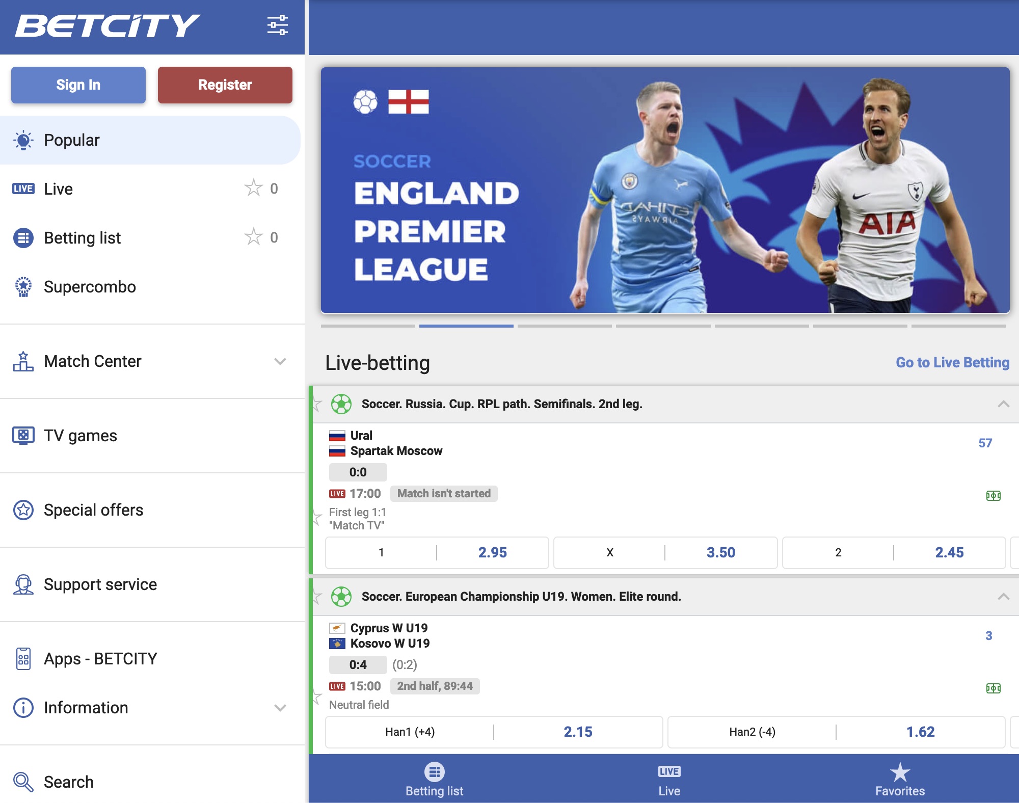 Mobile version of Betcity