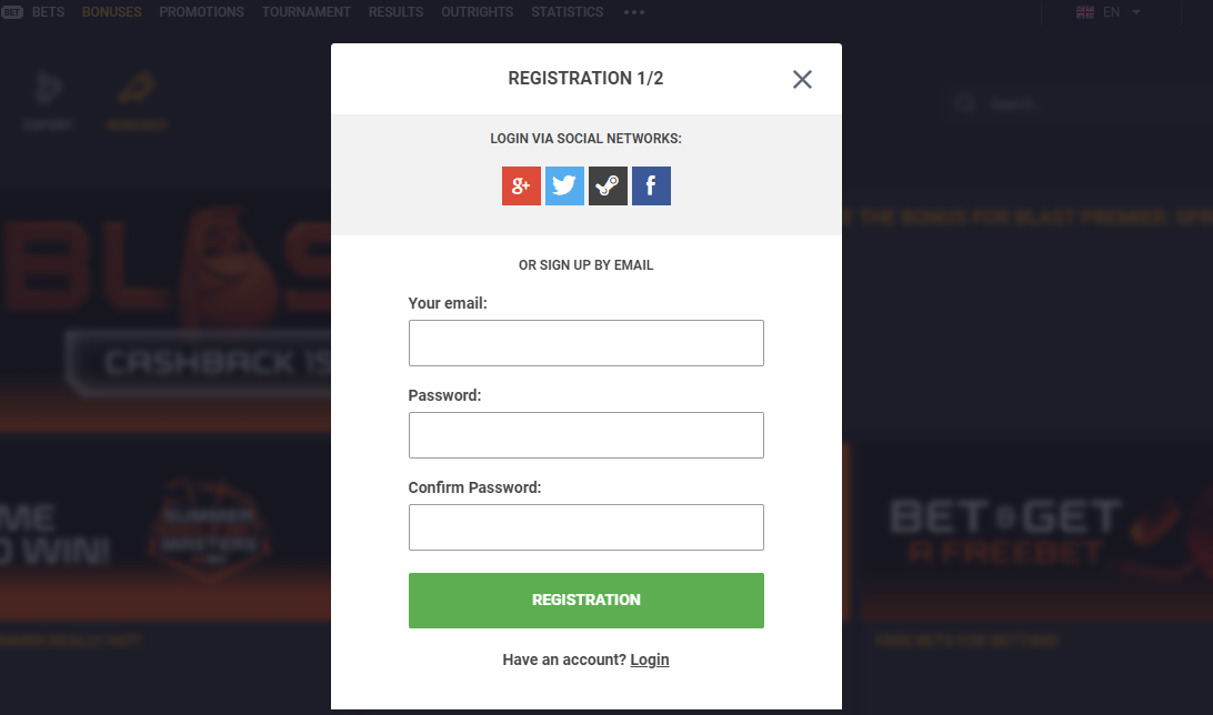 Registration on the official GG.bet website