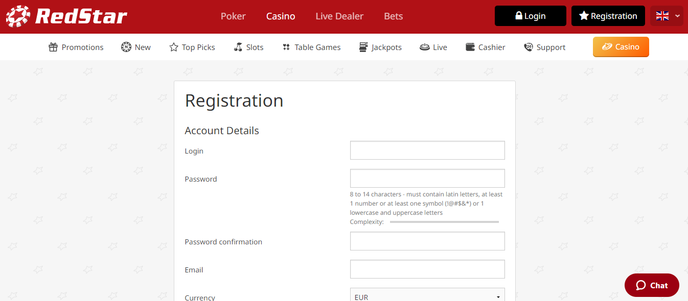 Registration on the official website of Redstarbets